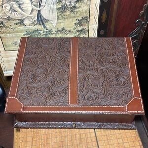 Brown Embossed Faux Leather Box Book Hidden Storage 12.25”Lx9.75”Wx3.75”H